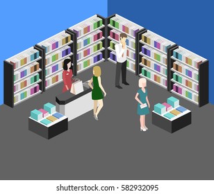 Isometric flat 3D interior of book shop. Vector illustration ibook store. People choose and buy books