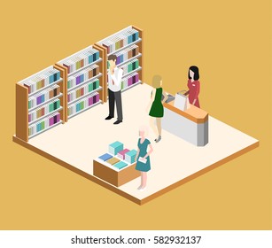 Isometric flat 3D interior of book shop. Vector illustration ibook store. People choose and buy books