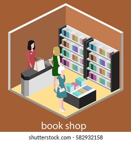 Isometric flat 3D interior of book shop. Vector illustration ibook store. People choose and buy books