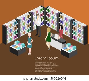 Isometric flat 3D interior of book shop. Vector illustration book store. People choose and buy books
