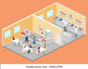 Isometric flat 3D interior of cafe, canteen and restaurant kitchen.