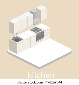 Isometric flat 3D interior of modern kitchen. full set of kitchen furniture vector illustration.