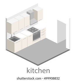 Isometric flat 3D interior of modern kitchen. full set of kitchen furniture vector illustration.