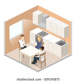 Isometric flat 3D interior of modern kitchen. full set of kitchen furniture vector illustration. family dines at the table