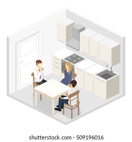 Isometric flat 3D interior of modern kitchen. full set of kitchen furniture vector illustration. family dines at the table