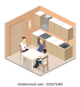 Isometric flat 3D interior of modern kitchen. full set of furniture vector illustration. family dines at the table