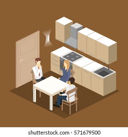 Isometric flat 3D interior of modern kitchen. full set of kitchen furniture vector illustration. family dines at the table
