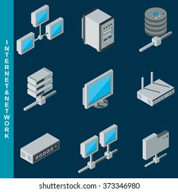 Isometric flat 3d internet and network equipment icons set