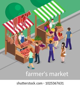 Isometric flat 3D isolated concept vector Butcher shop and fruit stand. The pieces of meat are sold on the show-window