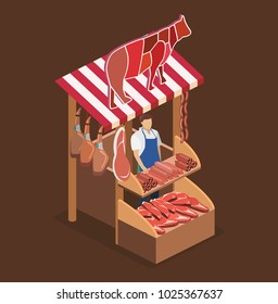 Isometric flat 3D isolated concept vector Butcher shop. The pieces of meat are sold on the show-window