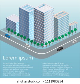 Isometric flat 3D isolated concept vector city three-dimensional summer town quarter. Skyscrapers, apartment, office, houses and streets