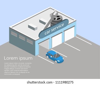 Isometric flat 3D isolated concept Car service building or car repair