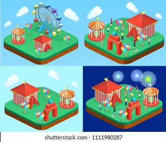 Isometric flat 3D isolated concept vector city banners with carousels. amusement park