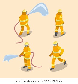 Isometric flat 3D isolated concept vector cutaway Firefighters in action.