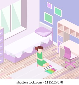 Isometric flat 3D isolated concept vector cutaway interior Girls all pink bedroom interior.