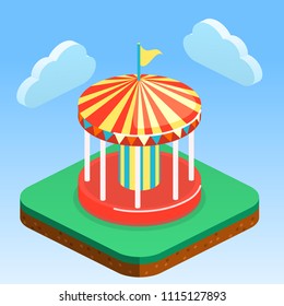 Isometric flat 3D isolated concept vector city banners with carousels. amusement park.