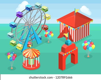 Isometric flat 3D isolated concept vector city banners with carousels. amusement park
