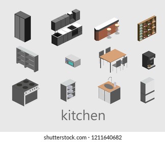 Isometric Flat 3D Isolated Concept Vector Cutaway Interior Of Kitchen