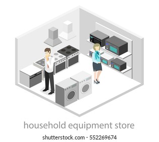 Isometric Flat 3D Isolated Concept Vector Cutaway Interior Household Equipment Store