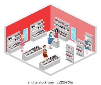 Isometric flat 3D isolated concept vector interior cosmetics shop