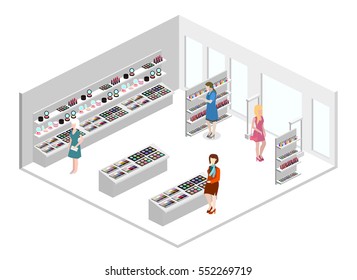 Isometric flat 3D isolated concept vector interior cosmetics shop