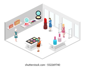 Isometric flat 3D isolated concept vector interior cosmetics shop
