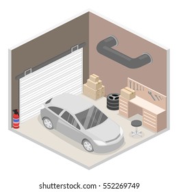 Isometric flat 3D isolated concept vector cutaway interior working place with tools in garage.