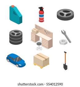 Isometric flat 3D isolated concept vector cutaway interior working place with tools in garage.