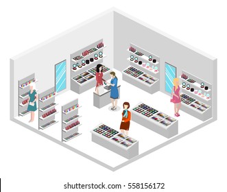 Isometric flat 3D isolated concept vector interior cosmetics shop