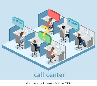 Isométrique plat 3D concept isolé image vectorielle couture hommes et femmes travaillant avec casque dans un centre d'appel. Assistance client. Des gens qui travaillent au bureau.
