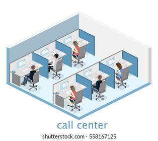 Isometric flat 3D isolated concept vector cutaway interior men and women working with headset in a call center. Customer support. People working in the office.