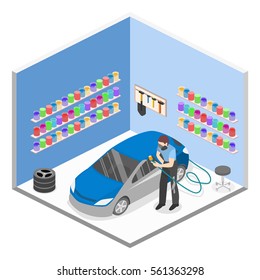 Isometric flat 3D isolated concept vector cutaway professional car painting process by auto service garage with paint spraying gun