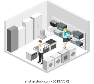 Isometric Flat 3D Isolated Concept Vector Cutaway Interior Household Equipment Store