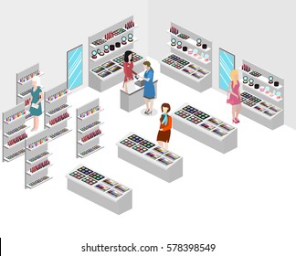 Isometric flat 3D isolated concept vector interior cosmetics shop