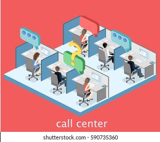 Isometric flat 3D isolated concept vector cutaway interior men and women working with headset in a call center. Customer support. People working in the office.