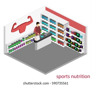 Isometric flat 3D isolated concept vector cutaway interior of Sports supplements. Bodybuilding or gym supplements . Sport and fitness nutrition.