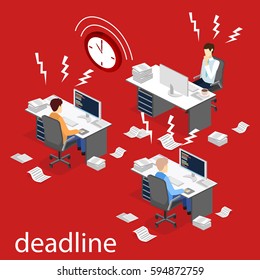 Isometric flat 3D isolated concept Deadline Concept of overworked man. Time to work.