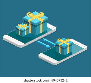 Isometric flat 3D isolated concept vector online order conceptual composition with c gift box on top of phone touch screen