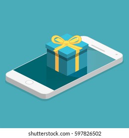 Isometric flat 3D isolated concept vector the gift lies on the phone screen