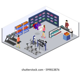 Isometric flat 3D isolated concept vector goods for the sports shop.
