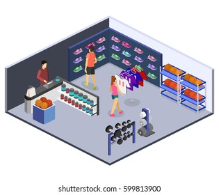 Isometric flat 3D isolated concept vector goods for the sports shop.