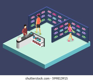 Isometric flat 3D isolated concept flat illustration sports shoes shop.