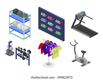 Isometric flat 3D isolated concept vector goods for the sports shop.