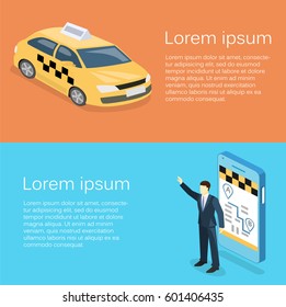 Isometric flat 3D isolated concept vector taxi transport, service. A person calls a taxi through a mobile application.