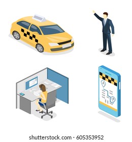 Isometric flat 3D isolated concept vector taxi transport, service. A person calls a taxi through a mobile application.