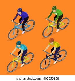 Isometric flat 3D isolated concept vector the group of cyclists man in road bicycle racing.