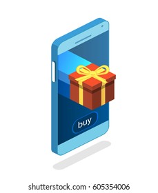 Isometric flat 3D isolated concept vector online order conceptual composition with c gift box on top of phone touch screen