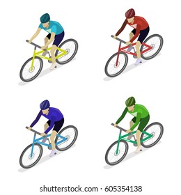 Isometric flat 3D isolated concept vector the group of cyclists man in road bicycle racing.