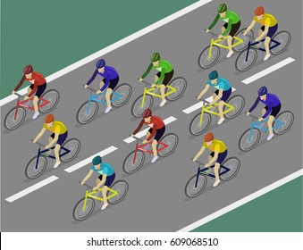 Isometric flat 3D isolated concept vector the group of cyclists man in road bicycle racing.