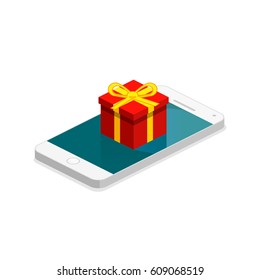 Isometric Flat 3D Isolated Concept Vector Online Order Conceptual Composition With C Gift Box On Top Of Phone Touch Screen